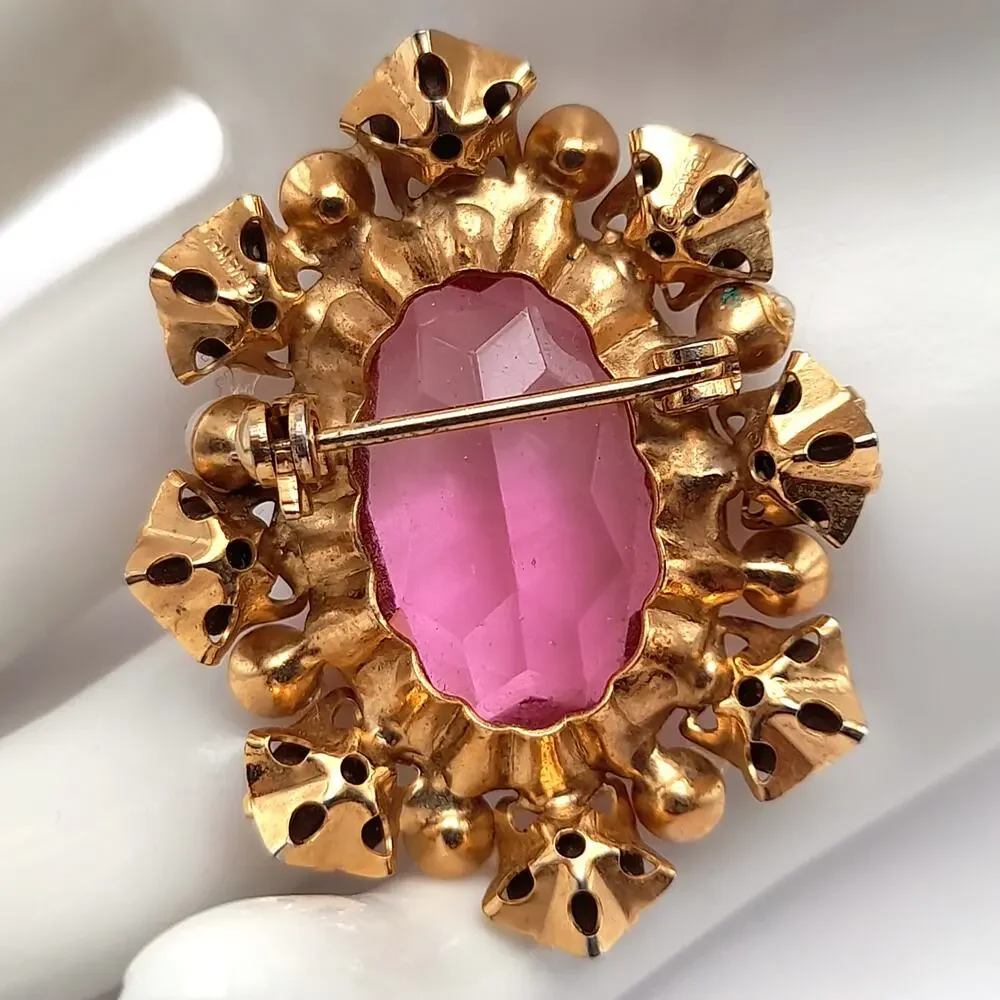 Vintage Signed JEWEL Pink Glass Brooch, Aurora Borealis Rhinestones, Faux Pearls